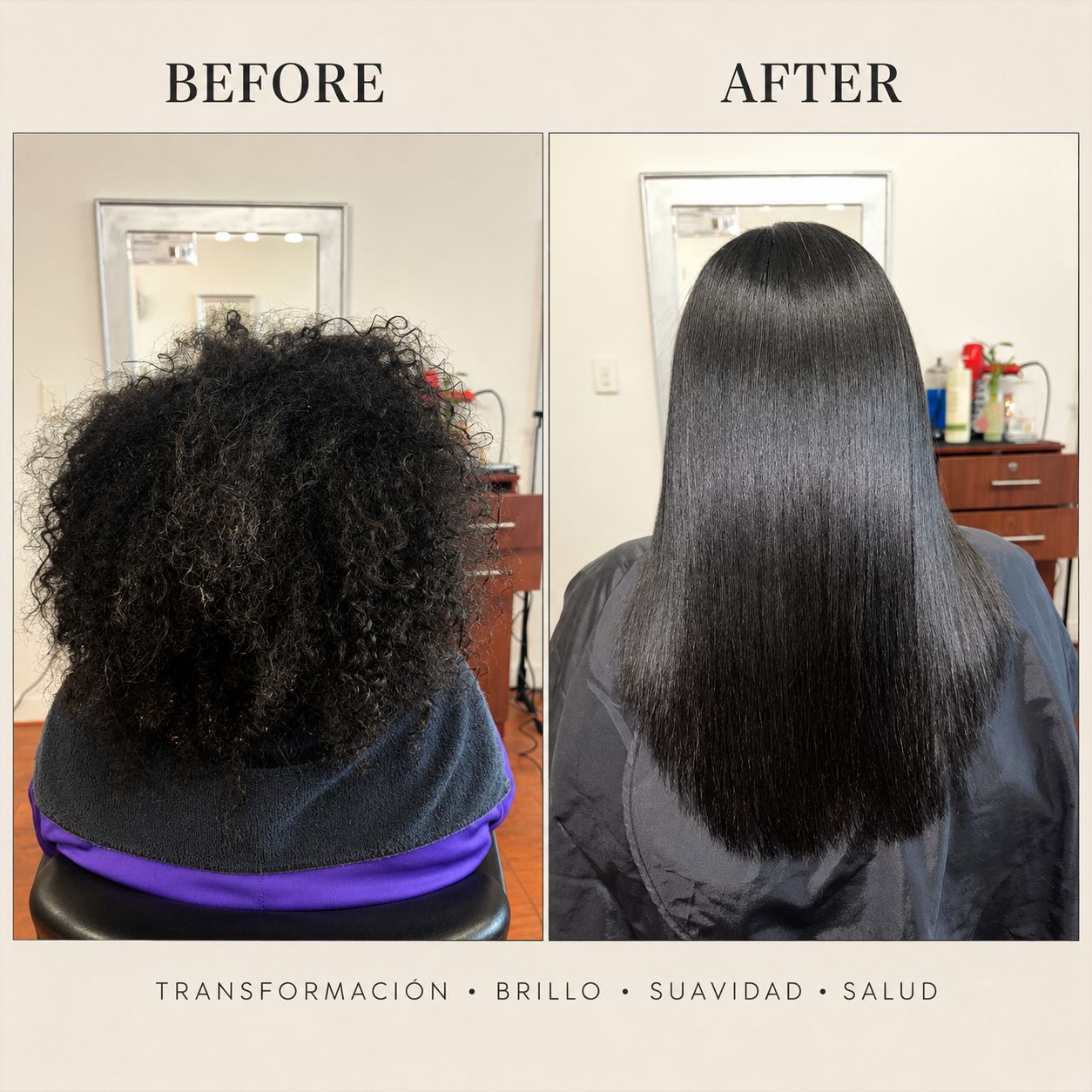 Before and after a Dominican blowout: wild curly natural hair transformed into long silky straight hair — transformación, brillo, suavidad, salud