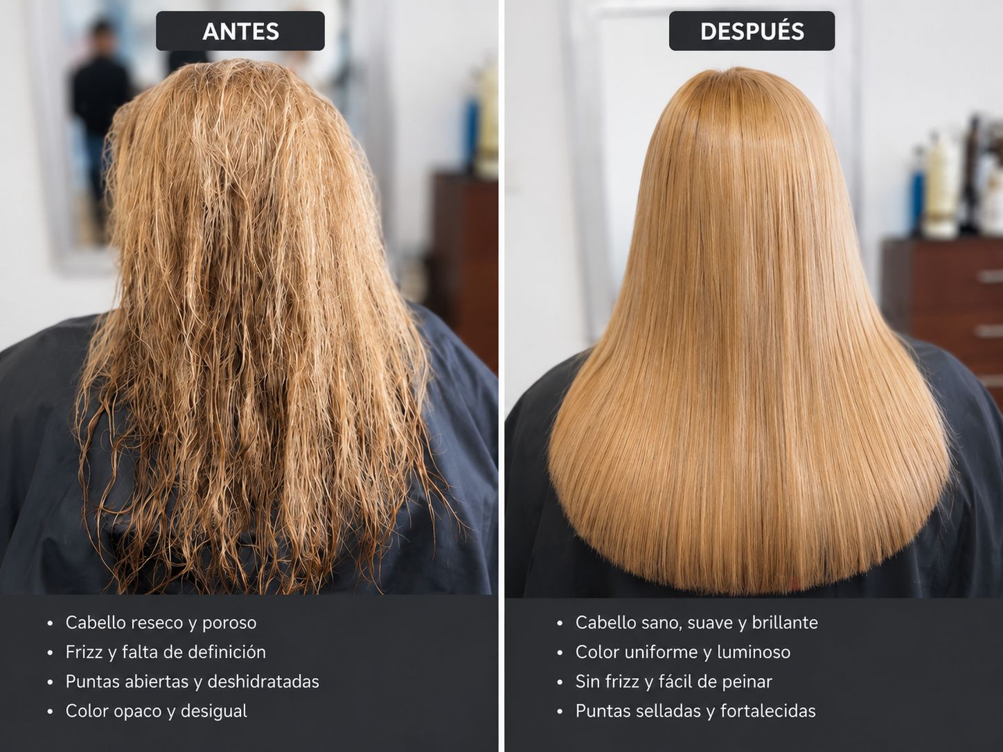 Antes y después de un tratamiento Cayena: cabello reseco, poroso y con frizz transformado en cabello sano, suave, brillante y con color uniforme