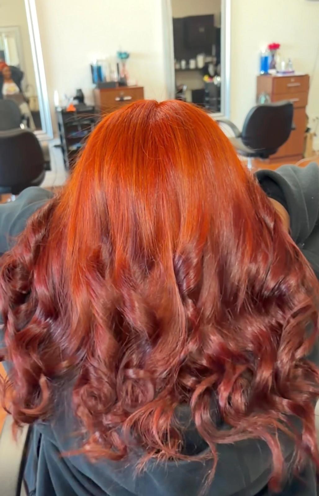 Color transformation — vivid copper to deep auburn curls