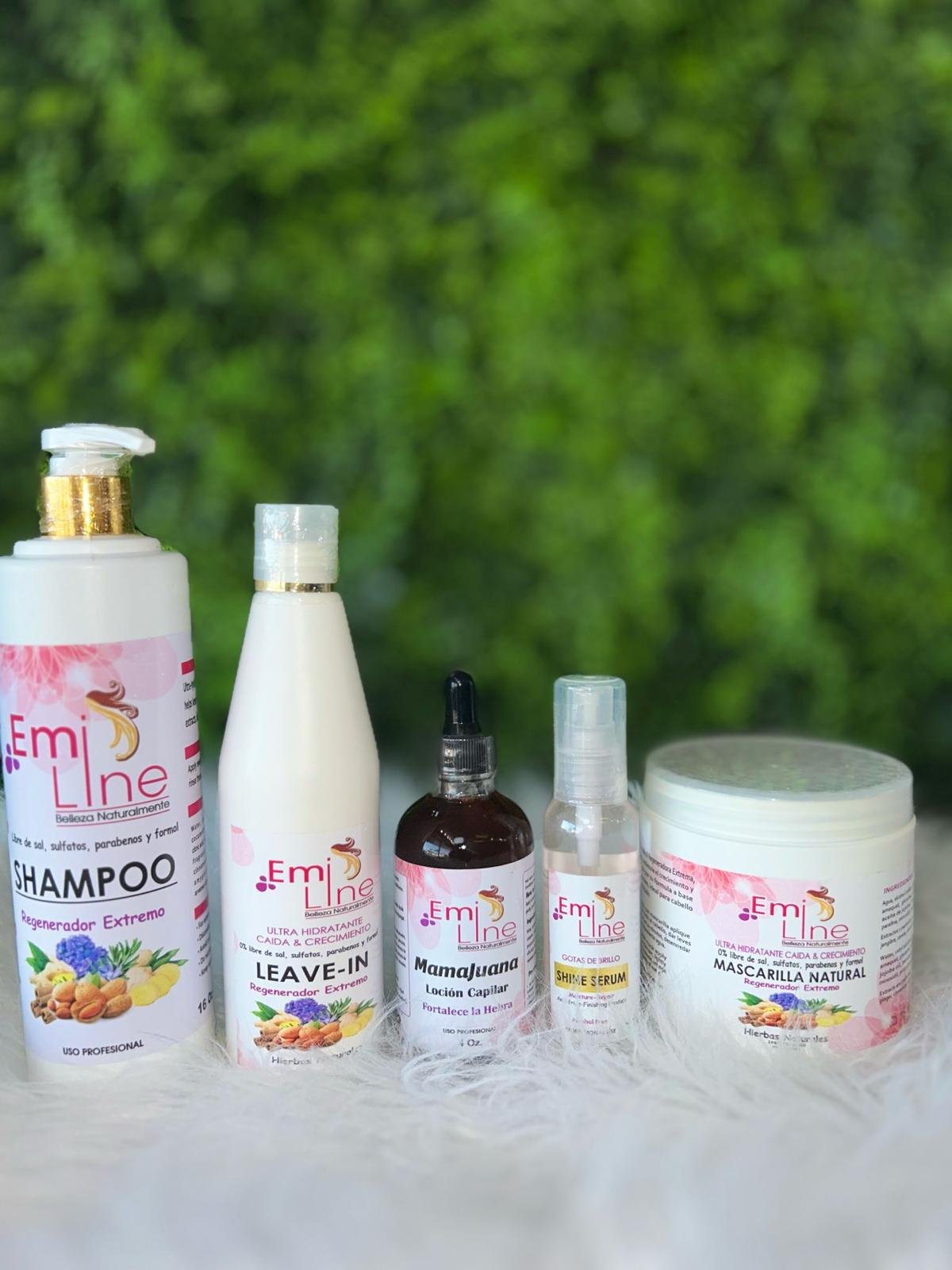 Emi Line complete treatment lineup — full-size Dominican hair products